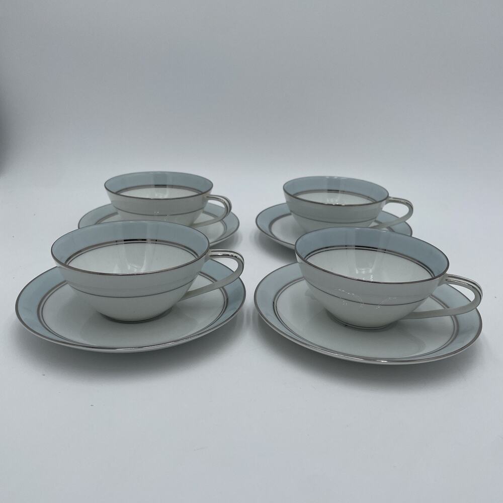 Noritake Bluebell Teacups and Saucers Set of 4 Vintage Japan Floral Sliver Trim